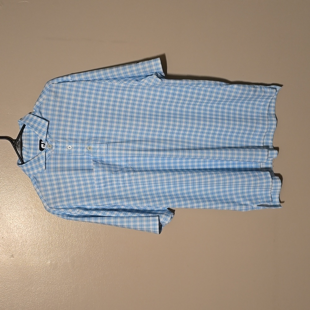 FootJoy FJ Men's Shirt Large Blue Checkered Golf Front Pocket‎ Stretch Top